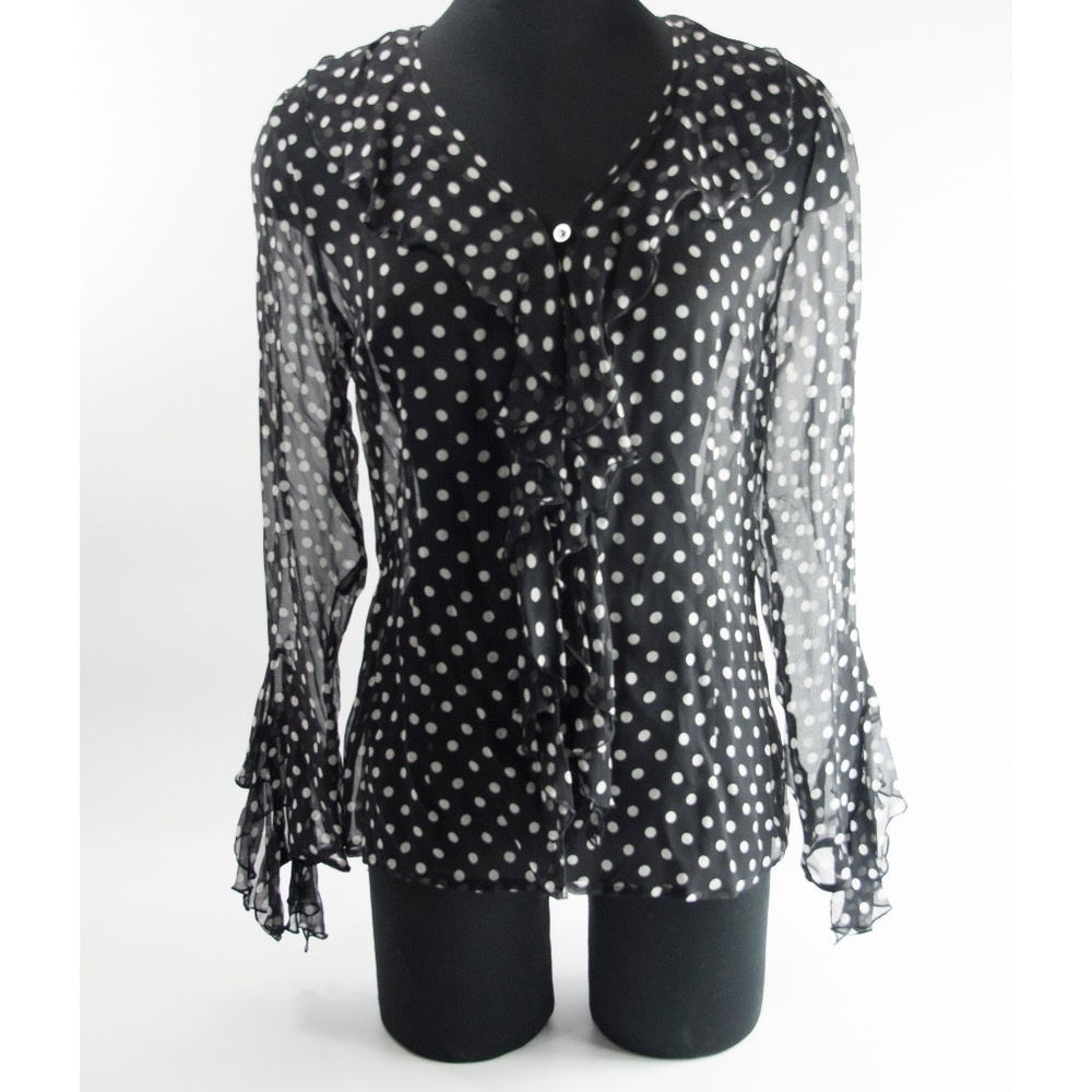 Carlo Colucci Ruffle Tuxedo Polka Dot Silk Blouse
